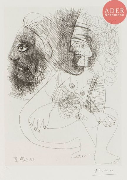 Pablo Picasso (1881-1973) 
Feuille d’études. Visage et femme nue. (Les 156, pl. 88). 1970. Eau-forte. 227 x 305. Bloch 1943 ; Baer 1952 B a. Parfaite épreuve sur vélin blanc, numérotée au crayon et timbrée (Lugt 2026e). Toutes marges. Tirage à 50 épreuves. Édition de la galerie Louise Leiris (1978). 