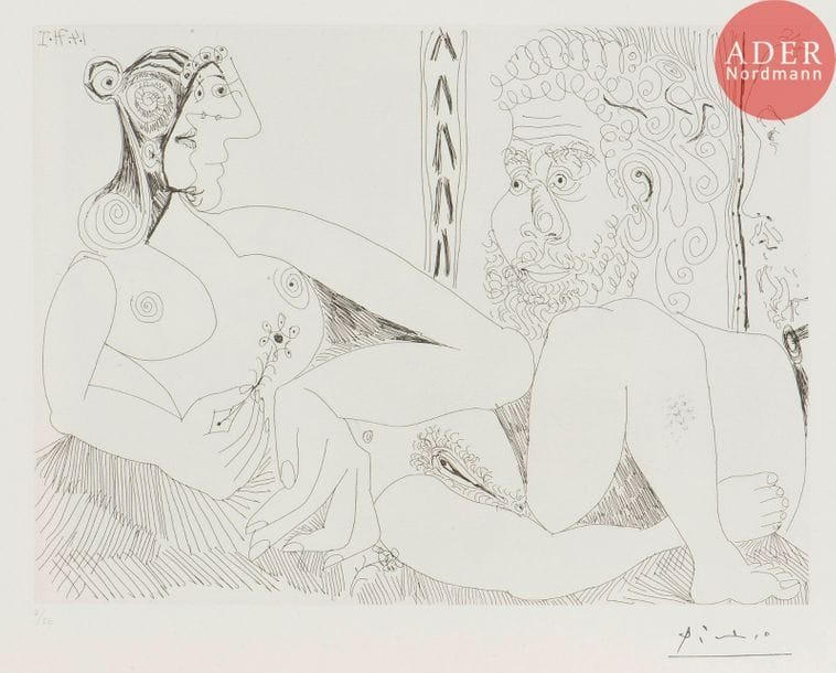 Pablo Picasso (1881-1973) 
Femme aux fleurs et portrait de barbu avec Degas de profil. (Les 156, pl. 104). 1970. Eau-forte. 305 x 228. Bloch 1959 ; Baer 1968 B a. Parfaite épreuve sur vélin blanc, numérotée au crayon et timbrée (Lugt 2026e). Toutes marges. Tirage à 50 épreuves. Édition de la galerie Louise Leiris (1978).