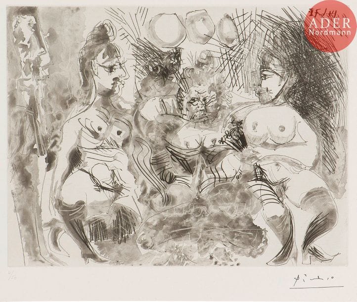 Pablo Picasso (1881-1973) 
La Maison Tellier. La Fête de la patronne, hibou, Degas appuyé au mur. (Les 156, pl. 152). 1970. Aquatinte, pointe sèche et grattoir. 305 x 228. Bloch 2007 ; Baer 2017 B a. Parfaite épreuve sur vélin blanc, numérotée au crayon et timbrée (Lugt 2026e). Toutes marges. Tirage à 50 épreuves. Édition de la galerie Louise Leiris (1978).