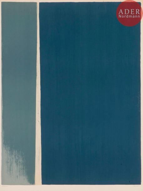 GENEVIEVE ASSE (née en 1923)
Geneviève Asse (née en 1923) 
Sans titre II. 1970. Lithographie. 480 x 640. Mason 161 b. Impression en couleurs. Très belle épreuve sur vélin, numérotée et signée au crayon. Oxydation générale du feuillet. Toutes marges. Tirage à 500 épreuves. Au verso timbre de l’éditeur : « C.N.A.C. / tirage limité à 500 exemplaires / à l’occasion de l’exposition / Asse – 1970 ».