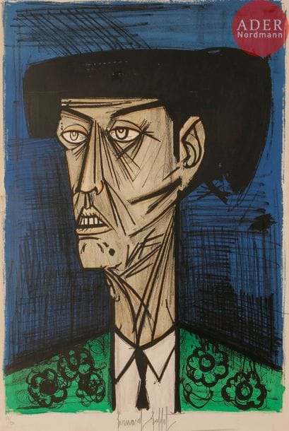 Bernard Buffet (1928-1999) 
Torero, fond bleu. (Pl. pour l’album Toreros). 1966. Lithographie. À vue : 495 x 715. Sorlier 98. Impression en couleurs. Très belle épreuve sur vélin, numérotée et signée au crayon, légèrement oxydée sous le passe-partout. Marges. Tirage à 150 épreuves. Cadre.