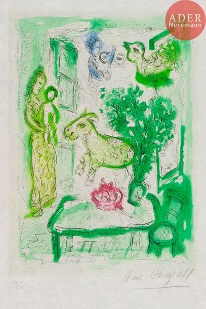 Marc Chagall (1887-1985) 
Femme et enfant avec violoniste et animaux. 1961. Eau-forte et aquatinte. 222 x 310. Impression en couleurs. Très belle et fraîche épreuve sur japon nacré, numérotée et signée au crayon, d’un tirage à part à grandes marges. 

Cette gravure, en tirage à petites marges, est parue en frontispice du livre de Franz Meyer, Chagall, Life and Work, New York, Abram, 1961.