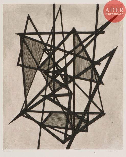Pierre Courtin (1921-2012) 
Sans titre ; -6 novembre 1949. 1946 et 1949. Gravure au burin. 119 x 235 et 245 x 295. Putman 24 et 76. Très belles épreuves sur vélin blanc, numérotées et signées au crayon, la 1re avec petites traces d’oxydation marginales. Toutes marges. Tirage à 45 et 200 épreuves. Timbre sec : Guilde de la Gravure à la 2e. Ens. 2 p.