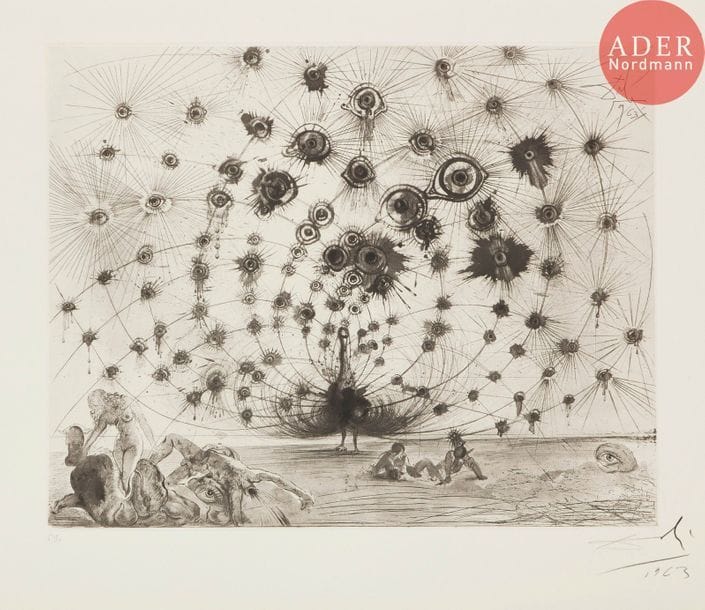 Salvador DALI (1904-1989)
Salvador Dalí (1904-1989) 
Argus. (Mythologie, pl. 1). 1963-1965. Héliogravure et pointe sèche. 497 x 398. Michler et Löpsinger 116. Très belle et fraîche épreuve sur vélin filigrané « Arches », numérotée, signée et datée au crayon. Trace claire d’oxydation aux bords du feuillet. Toutes marges. Tirage à 150 épreuves. Argillet éd.
