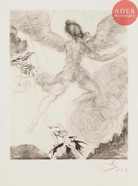 Salvador DALI (1904-1989)
Salvador Dalí (1904-1989) 
Icare. (Mythologie, pl. 6). 1963-1965. Héliogravure et pointe sèche. 398 x 500. Michler et Löpsinger 121. Très belle et fraîche épreuve sur vélin filigrané « Arches », numérotée, signée et datée « 1963 » au crayon. Très claire trace d’oxydation aux bords du feuillet. Toutes marges. Tirage à 150 épreuves. Argillet éd.
