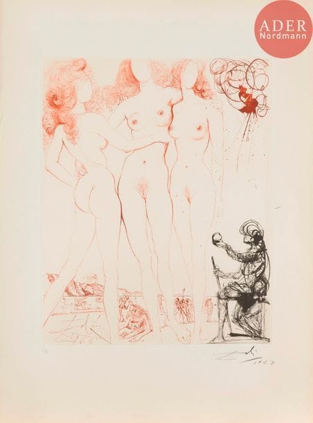 Salvador DALI (1904-1989)
Salvador Dalí (1904-1989) 
Le Jugement de Pâris. (Mythologie, pl. 8). 1963-1965. Héliogravure et pointe sèche. 401 x 505. Michler et Löpsinger 123. Impression en noir et sanguine. Très belle épreuve sur vélin filigrané « Arches », numérotée, signée et datée « 1963 » au crayon. Traces claires d’oxydation et d’empoussiérage aux bords du feuillet. Toutes marges. Tirage à 150 épreuves sur ce papier. Argillet éd.