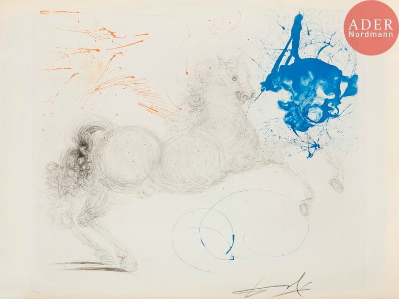 Salvador DALI (1904-1989)
Salvador Dalí (1904-1989) 
Pégase. (Mythologie, pl. 13). 1963-1965. Héliogravure et pointe sèche. 627 x 535. Michler et Löpsinger 128. Impression en couleurs. Très belle épreuve sur vélin crème filigrané « Arches », numérotée et signée au crayon. Trace claire d’oxydation aux bords du feuillet. Toutes marges. Tirage à 150 épreuves. Argillet éd.