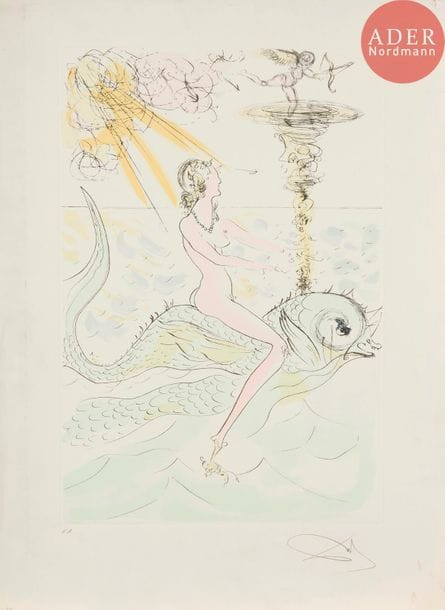 Salvador DALI (1904-1989)
Salvador Dalí (1904-1989) 
Sirène au dauphin. (Pl. 9 sur 12 de la Suite mythologique nouvelle). 1971. Pointe sèche et pochoir par les ateliers Rigal. 393 x 585. Michler et Löpsinger 489. Très belle épreuve sur vélin blanc, justifiée « E.A. » et revêtue d’une signature au crayon. Courtes déchirures en tête du feuillet à droite, menus accidents et salissures aux bords. Toutes marges.