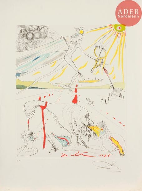 Salvador DALI (1904-1989)
Salvador Dalí (1904-1989) 
L’Alchimiste. 1973-1975. Pointe sèche et aquatinte. 420 x 520. Michler et Löpsinger 581. Impression en couleurs. Très belle épreuve sur vélin blanc, justifiée « E.A. » et revêtue d’une signature au crayon. Court pli cassé au bord gauche du feuillet. Toutes marges.