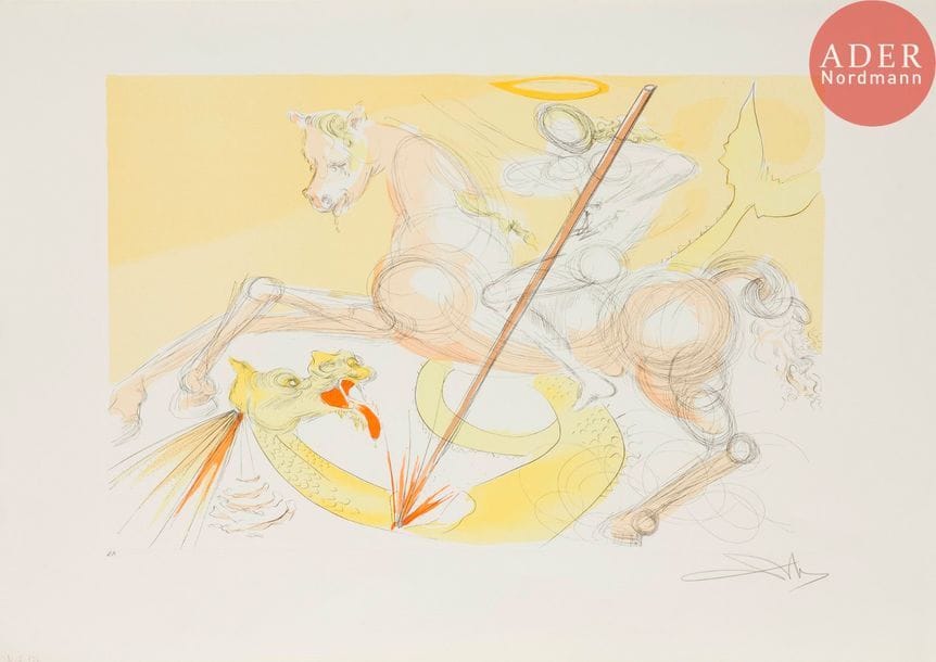 Salvador DALI (1904-1989)
Salvador Dalí (1904-1989) 
Saint Georges et le dragon. 1974. Pointe sèche et pochoir. 575 x 385. Michler et Löpsinger 733. Très belle et fraîche épreuve sur vélin blanc, justifiée « E.A. » et revêtue d’une signature au crayon. Toutes marges.