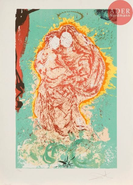 Salvador DALI (1904-1989)
Salvador Dalí (1904-1989) 
Gala, ma Madone de la Sixtine. (Pl. pour Don Quichotte de la Mancha, suite de 12 pl.). 1957. Lithographie. 410 x 645. Michler et Löpsinger 1010. Impression en couleurs. Très belle épreuve sur vélin blanc, revêtue d’une numérotation et d’une signature au crayon. Toutes marges. 