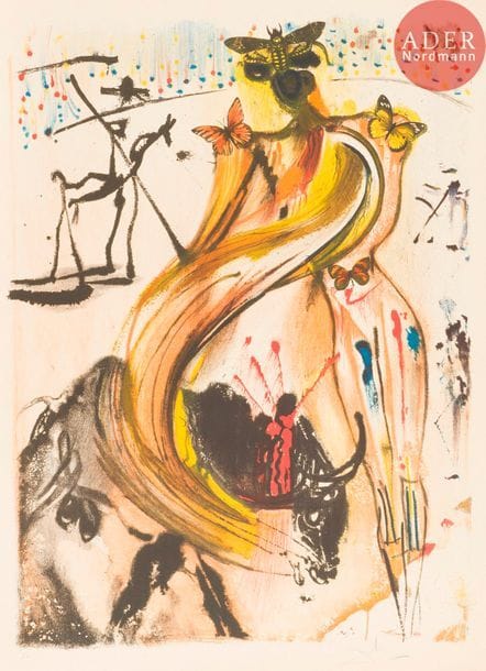 Salvador DALI (1904-1989)
Salvador Dalí (1904-1989) 
Torero. 1972. Lithographie. 505 x 690. Michler et Löpsinger 1358. Impression en couleurs. Très belle épreuve sur vélin crème, légèrement oxydée, revêtue d’une justification « E A » et d’une signature au crayon. Toutes marges.