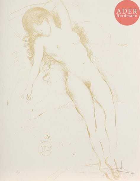 Salvador DALI (1904-1989)
Salvador Dalí (1904-1989) 
Nu de dos à la fenêtre ; Nu de face. (2 pl. d’une suite de 8 Nus). Lithographie. [545 x 750 et 505 x 650]. Micher et Löpsinger 1373 et 1374. Impression en couleurs. Très belles épreuves sur vélin blanc, revêtues d’une numérotation et d’une signature au crayon. Toutes marges.