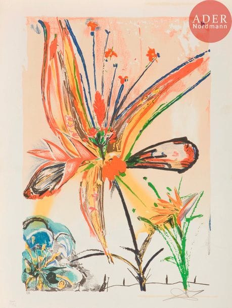 Salvador DALI (1904-1989)
Salvador Dalí (1904-1989) 
Hawaii-California. Suite de 2 pl. 1973. Lithographie. Michler et Löpsinger 1392-1393. Impression en couleurs. Très belles épreuves sur vélin blanc fort, justifiées « E.A. » et revêtues d’une signature au crayon. Deux fines bandes oxydées en tête et en pied et petite tache rousse en tête au verso à la 1re. Toutes marges.