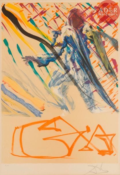 Salvador DALI (1904-1989)
Salvador Dalí (1904-1989) 
La Parole divine. (Pl. pour Les Vitraux, suite de 24 pl.). 1975. Lithographie. 395 x 550. Michler et Löpsinger 1441. Impression en couleurs. Belle épreuve sur vélin, justifiée « E.A. » et revêtue d’une signature au crayon. Oxydation du feuillet. Marges. Cadre.