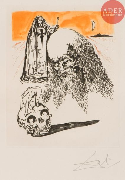 Salvador DALI (1904-1989)
Salvador Dalí (1904-1989) 
Vieillard à la tête de mort. (Pl. 7 pour Calderón, La Vie est un songe, 1971). Eau-forte et aquatinte. 280 x 354. Michler et Löpsinger 521. Impression en couleurs. Très belle épreuve sur vélin, revêtue d’une signature au crayon. Toutes marges non ébarbées.