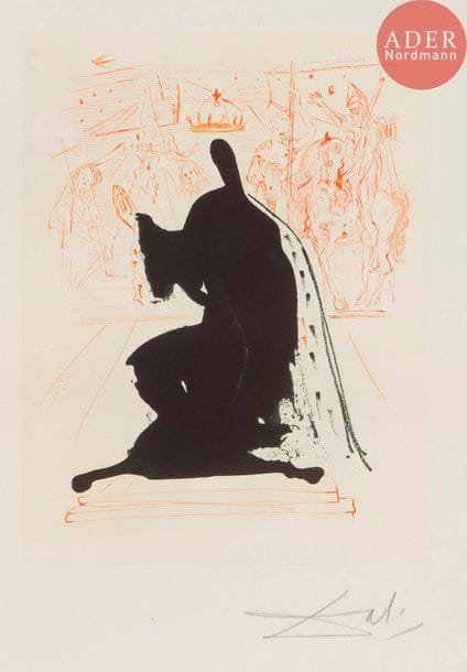 Salvador DALI (1904-1989)
Salvador Dalí (1904-1989) 
Roi d’Aragon. 1971. Eau-forte et aquatinte (par J.-J.-J. Rigal). 268 x 353. Michler et Löpsinger 528. Impression en couleurs. Très belle épreuve sur vélin, revêtue d’une signature au crayon. Court pli cassé au bord droit du feuillet. Toutes marges non ébarbées.