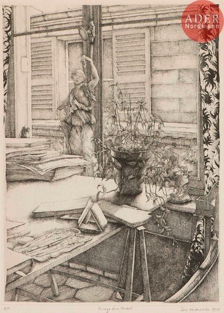 Érik DESMAZIÉRES (né en 1948)
Érik Desmazières (né en 1948) 
Passage Véro-Dodat. 1978. Eau-forte. 220 x 293. Fitch 34. Très belle et fraîche épreuve sur vélin ivoire, l’une des 10 numérotées en chiffres romains, titrée, signée et datée au crayon. Toutes marges. Tirage à 90 épreuves.