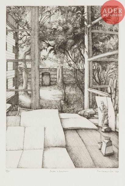 Érik DESMAZIÉRES (né en 1948)
Érik Desmazières (né en 1948) 
Jardin à Bordeaux. 1979. Eau-forte. 202 x 296. Fitch 38. Parfaite épreuve sur vélin, numérotée, titrée, signée et datée au crayon. Toutes marges. Tirage à 90 épreuves.