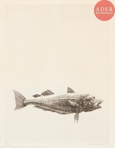 Érik DESMAZIÉRES (né en 1948)
Érik Desmazières (né en 1948) 
Poisson. 1980. Eau-forte. 222 x 292. Fitch 57. Très belle épreuve sur vélin, numérotée, signée et datée au crayon. Légère oxydation du feuillet. Petit reste de bande de kraft gommé en tête au verso. Toutes marges. Tirage à 40 épreuves.
