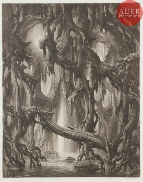 Érik DESMAZIÉRES (né en 1948)
Érik Desmazières (né en 1948) 
Exploration. 1984. Eau-forte et aquatinte. 390 x 490. Fitch 78. Très belle épreuve sur vélin, numérotée, signée et datée au crayon. Légère oxydation du feuillet. Toutes marges. Tirage à 90 épreuves. Cadre.