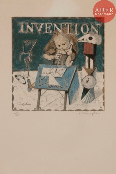 Léonard-Tsuguharu Foujita (1886-1868) 
Invention. (Pl. pour La Mésangère de Jean Cocteau, P. de Tartas éditeur, 1963). Bois gravé. 188 x 188. Buisson 63.40. Impression en couleurs. Très belle épreuve sur vélin, numérotée et signée au crayon, à grandes marges. Tirage à 40 épreuves. Cadre.