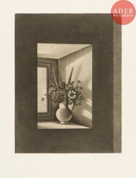 Kiyoshi Hasegawa (1891-1980) 
Bouquet sur la fenêtre. 1952. Manière noire. 225 x 292. Reifu Syobo 290. Très belle et fraîche épreuve sur vélin, annotée « ép. d’artiste » et signée au crayon. Toutes marges. Timbre sec de l’artiste. Tirage définitif à 50 épreuves.