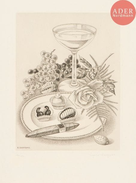Kiyoshi Hasegawa (1891-1980) 
Nature morte à la coupe de champagne. Menu de la Société des Peintres-Graveurs Français, dîner du 13 décembre. 1956. Burin. 176 x 230. Reifu Syobo 622. Parfaite épreuve sur double feuillet remplié portant le texte du menu, numérotée et signée au crayon.