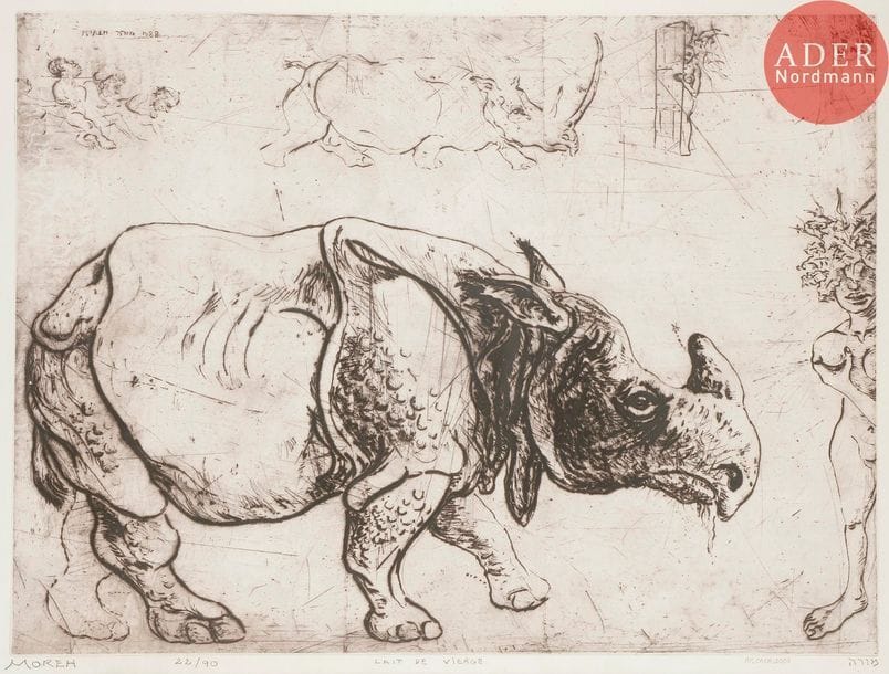 Mordecai Moreh (né en 1937)
Mordecaï Moreh (né en 1937) 
Lait de vierge (Rhinocéros). 1988. Pointe sèche. 770 x 575. Très belle épreuve sur vélin, signée, numérotée, titrée et resignée en caractères hébreux au crayon. Fine bande d’humidité en pied. Toutes marges. Tirage à 90 épreuves. Cadre.
