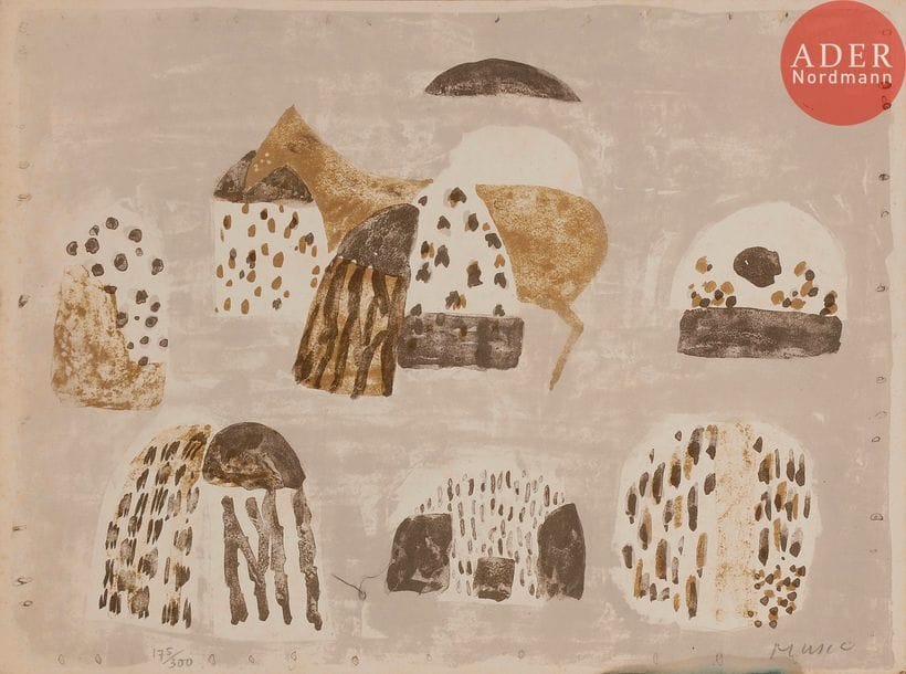 Zoran MUSIC (1909-2005)
Zoran Muši? (1909-2005) 
Motif dalmate. 1953. Lithographie. 320 x 245. Impression en couleurs. Très belle épreuve sur vélin, numérotée et signée au crayon. Petite auréole d’humidité en pied. Marges étroites normales. Tirage à 300 épreuves. 

Pl. parue dans le dépliant de la Galerie de France pour l’exposition de l’artiste, du 27 novembre au 26 décembre 1953.