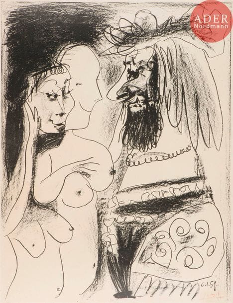 Pablo Picasso (1881-1973) 
Le Vieux roi. 1959. Lithographie. [510 x 665]. Bloch 869 ; Mourlot 317. Belle épreuve sur vélin, revêtue de la signature lithographiée en rouge. Fine bande de papier gommé sur le pourtour au verso. Courts plis cassés. Toutes marges. Tirage à nombre.