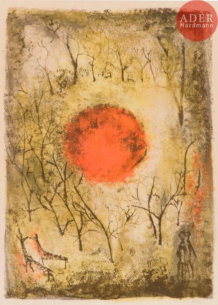 Zao Wou-Ki (1920-2013) 
Le Soleil rouge. 1950. Lithographie. 345 x 475. Ågerup 41. Impression en couleurs. Très belle épreuve sur vélin beige, légèrement oxydée (oxydation surtout visible au verso), signée et numérotée au crayon. Toutes marges. Tirage à 200 épreuves. Éd. de la Guilde de la Gravure, Paris.