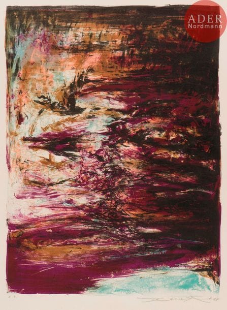 Zao Wou-Ki (1920-2013) 
Sans titre. 1968. Lithographie. 445 x 608. Ågerup 183. Impression en couleurs. Très belle épreuve sur vélin, numérotée, signée et datée au crayon. Toutes marges. Tirage à 90 épreuves. Galerie de France éd.