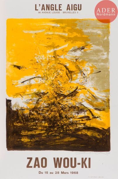Zao Wou-Ki (1920-2013) 
Sans titre. 1968. Lithographie. [505 x 760]. Ågerup 184. Impression en couleurs. Très belle et fraîche épreuve sur vélin blanc, du tirage en affiche avec texte typographié pour la galerie L’Angle aigu, Bruxelles, signée et datée au crayon. Toutes marges.