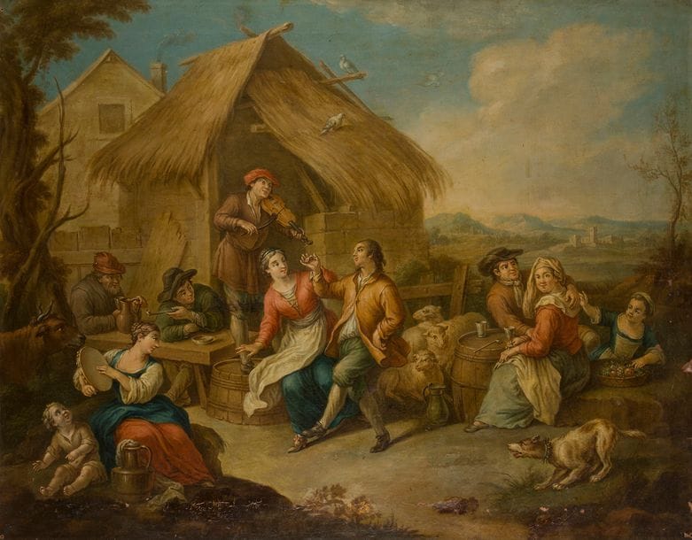 École FRANÇAISE du XVIIIe siècle 
Réjouissances paysannes 
Toile 
82 x 105 cm
Restaurations ancienne, petits manques et accidents 