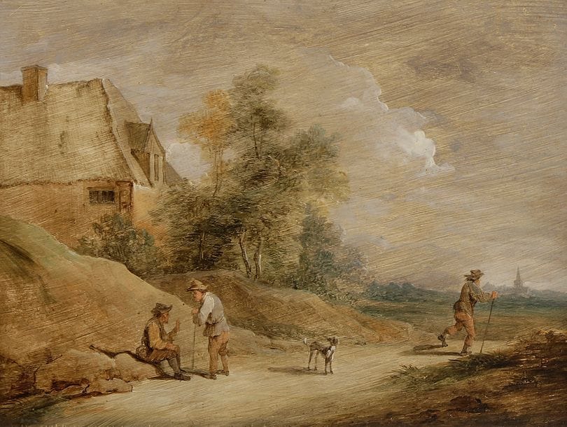 École FLAMANDE du XVIIIe siècle 
En bordure de village
Panneau de chêne, une planche, non parqueté 
15 x 20 cm
