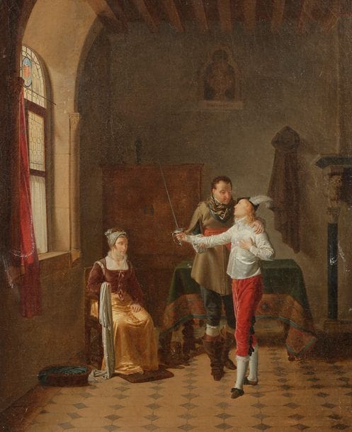 Attribué à Jean-Baptiste MALLET (1759 - 1835)
La leçon d’escrime devant le buste de Gaston de Foix 
Sur sa toile d’origine 
45 x 37 cm
Griffures et restaurations anciennes 