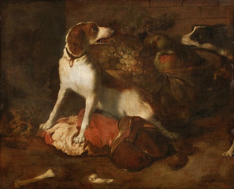 École FLAMANDE du XVIIe siècle, suiveur de Frans SNYDERS
Deux chiens gardant une pièce de viande
Toile
59 x 74 cm
Trace de signature en bas à droite 
Restaurations anciennes