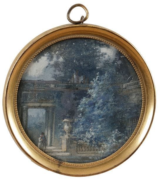 Louis Gabriel MOREAU l’aîné (Paris, 1740-1806).
Couple dans un parc architecturé, près d’un portique et de balustrades.
Miniature à la gouache probablement sur papier, diam. 7,2 cm, dans un médaillon en métal doré, diam. 8 cm.
(fixation arrière du médaillon à réviser). 

Membre de l’Académie de Saint Luc, peintre du comte d’Artois, Moreau l’aîné fut l’un des meilleures paysagistes de son temps notamment avec ses vues de parcs des environs de Paris, Bagatelle, St Cloud etc.