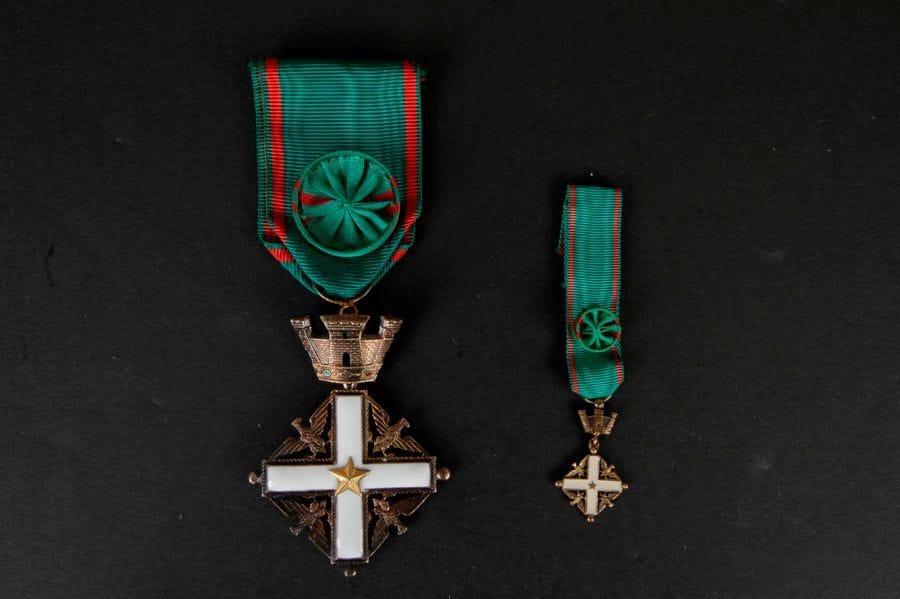 ITALIE
ORDRE DU MÉRITE DE LA RÉPUBLIQUE, créé en 1951. 
Croix d’officier. 
En vermeil et émail. Ruban à rosette. Avec sa miniature en vermeil et émail et son insigne de boutonnière. 63 x 46 mm - Poids brut : 24,3 g 
Dans son écrin recouvert façon maroquin vert, frappé d’un motif aux armes de la République italienne. Couvercle marqué du fabricant Johnson, à Milan et à Rome. 
SUP.