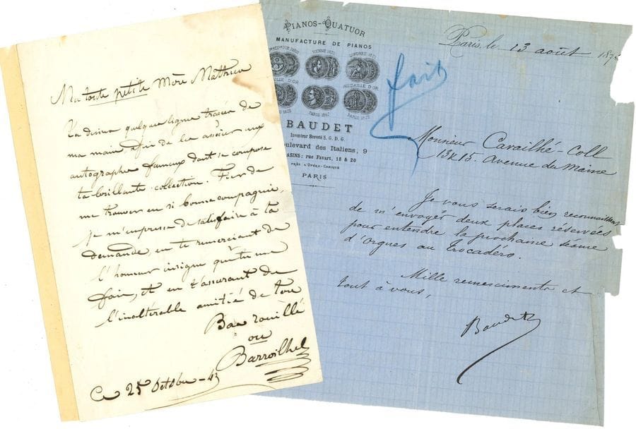 Musique. Environ 60 lettres, cartes ou pièces, la plupart L.A.S., dont un grand nombre à Aristide Cavaillé-Coll, ou à M. Malot, chez Maurice Schlesinger.

   Georges Alary, Paul Barroilhet, Édouard Batiste, Gustave Baudet (à Cavaillé-Coll), Louis-Albert Bourgault-Ducoudray (2), Alexandre Choron, Filippo Cicconetti, Édouard Colonne (2), Edmond de Coussemaker, Félix Danjou (au facteur d’orgues Joseph Dietsch), Louis Dumas (pour Roi David de Honegger), Alexis Dupont, Gilbert Duprez, Auguste Durand, Louise Farrenc, François-Joseph Fétis, François-Auguste Gevaert, Charles Gounod (à Cavaillé-Coll), Alexandre Guilmant (à Cavaillé-Coll, à propos des orgues de la Trinité et de Manchester), Fromental Halévy (3), Pierre Hamel (à Cavaillé-Coll), Jacques-Léopold Heugel, Charles Lamoureux, Alfred Lefébure-Wély, Alphonse Mailly, Paul Mériel, Romain Mitouflet, C.J. Mougin (ms musical), Louis et Alfred Niedermeyer, Marie Pleyel (3, dont un projet de programme), Antoine Ponchard (à Maurice Schlesinger), Eugène de Pradel, Raoul Pugno (à Justin Game), Laurent de Rillé (à Cavaillé-Coll, à propos d’un orgue pour une séance d’orphéons à l’Exposition universelle), Camille Saint-Saëns, Adolphe Samuel, D. Tagliafico (à Schlesinger), Sigismond Thalberg, Ambroise Thomas, Édouard Van der Straten (recommandation d’un hautboïste hollandais), Pauline Viardot (à Cavaillé-Coll), Eugène Vivier (6 à Malo, dont un long récit de ses succès à Londres), Mme Waldteufel, Charles Widor (à Cavaillé-Coll), etc. Plus des fac-similés.