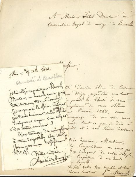 MUSIQUE. 48 lettres, photographies et dessins, la plupart L.A.S.

   Étienne Arnaud, Amédée de Beauplan, Marie Bosquette (photo dédicacée), Julie Bressole (belle correspondance de 7 lettres évoquant Offenbach), Alfred Bruneau, Marius Chambon, Albert Cohen, Édouard Colonne (3, à Romain Bussine), Daniel-Lesur (5, à Jacques Chailley), Félix Danjou, Jean Fournet (incomplète), Georges Hüe, Estelle Leask (partition dédicacée), Jean Martinon, Pietro Mascagni (portrait original par Tabor), Jules Massenet, Henry Panofka (cdv et envoi), Adolphe Panseron (6), Henri Rabaud, Joséphine de Reské (photographie), Ambroise Thomas, Francis Thomé, Charles-Marie-Widor (4 lettres et une photographie à Henriette Fuchs) ; plus une lettre signée Bertrand sur Charles de Bériot à l’éditeur Achille Bourdillat. 
    On joint des programmes : tournée Adelina Patti de 1881, et matinée au bénéfice de la famille d’Alexandre Taskin 14 décembre 1901 (plus une photographie et un portrait gravé).