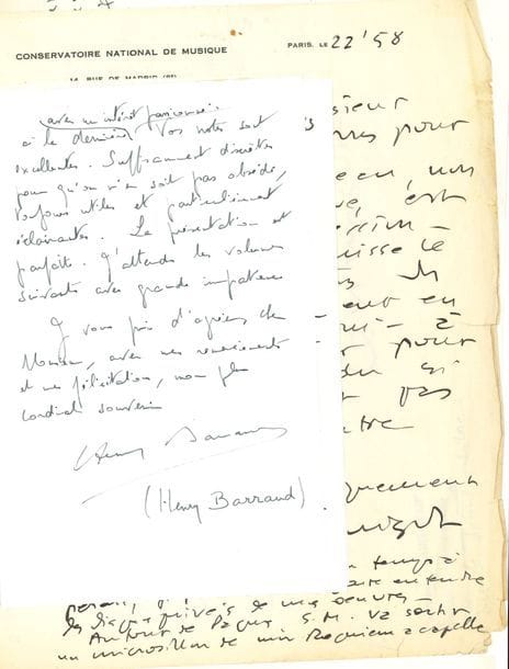 MUSIQUE. 7 L.A.S. et 1 L.S., 1958-1983, à Pierre Citron.

   Henry Barraud (2, félicitations pour sa Correspondance de Berlioz), Georges Migot (3, sur Couperin et Rameau), Vlado Perlemuter, Henri Sauguet (au sujet de l’enregistrement du Chant des Chemins de fer de Berlioz), Joseph Szigeti (L.S.).