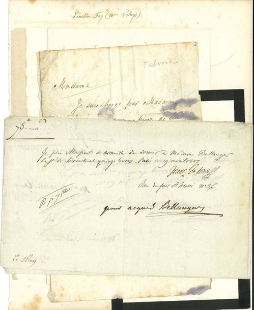 François TALMA (1763-1826) le grand tragédien. 2 P.A.S., Paris 1807 ; 1 page in-8 chaque, adresse au dos.

   19 avril et 19 octobre 1807, à M. de Cormeille, pour donner à Mme Bellanger la somme de 75 livres…
 On joint 3 autres L.A.S. par H. Talma, Maria Favart et Léontine Volnys.