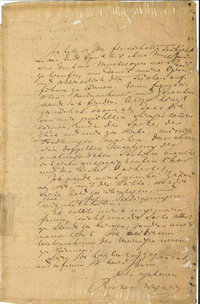 Richard WAGNER (1813-1883). L.A.S., « Paris 16 rue Newton Champs-Élysées » 24 novembre 1859, au baryton Anton Mitterwürzer à Dresde ; 2 pages in-8, enveloppe (mauvais état, lettre fragile avec déchirures, entoilée au recto, le verso sous cellophane) ; en allemand.

   Intéressante lettre sur Lohengrin et Tristan. 
    Ce n’est pas par manque d’amitié ou de reconnaissance qu’il ne lui a pas écrit, mais bien au contraire parce que sa confiance en lui est telle qu’il n’a pas jugé utile de discuter avec lui de ce nouveau rôle dans Lohengrin, étant assuré qu’il y donnait le ton juste ; le succès a montré à Wagner à quel point il pouvait compter sur son interprète. Il évoque son interprétation du rôle de Telramund qu’il considère comme la plus intéressante, la plus convaincante, touchante, et même surprenante. Puis, dévoilant ses projets : « J’ai l’idée pour le prochain printemps – de fin avril à la mi-juin environ – d’introduire à Paris un opéra allemand significatif en vue de pouvoir représenter mes opéras et finalement Tristan. Je trouverai un organisateur et des personnes garantes ». Tout dépend de la disponibilité ou non des chanteurs qu’il a choisis et de leurs exigences plus ou moins modérées : « à part la double distribution des rôles principaux, j’ai besoin d’excellents chœurs et du meilleur orchestre. Je me tourne maintenant vers vous, en vous priant de réfléchir à tout ceci, et de me faire part de vos conditions. Ce serait pour moi une joie prodigieuse, si non seulement cela se réalisait, mais aussi si vous vous associez à cette entreprise »… [Mitterwürzer créa le rôle de Kurwenal dans Tristan et Isolde à Munich en 1865.] 
 On joint une fausse signature « Richard Wagner Meudon ».