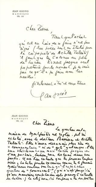 Jean GIONO (1895-1970). 2 L.A.S., Manosque 1961-1962, à Pierre Citron à l’Institut Français de Londres ; 2 pages oblong in-12 (carte) et 1 page in-8 à son nom, enveloppes.

   À son futur biographe, au sujet de la maison de Lucien Jacques à Montjustin. 23.5.61. La question est réglée, Giono a acheté la maison avec le Dr Barriera et Achille Talenté : « Elle n’aura désormais plus rien de “communautaire” ni de “gite” quelconque. Elle sera strictement un musée Lucien Jacques et l’an prochain, Lucien sera inhumé dans son jardin. Il est bien entendu que tu pourras toujours venir y habiter en vacances comme tu le faisais, mais nous voulons surtout qu’il ne soit plus question de “communauté” (qui n’a été jusqu’ici qu’une mauvaise compréhension de la générosité naturelle de Lucien). […] Il est difficile d’imaginer que Lucien est mort »… 15.1.62. Tant que l’achat, qui est en cours, n’est pas signé, il faut s’adresser au père de Lucien, Ernest Jacques, seul propriétaire pour l’instant. Il ignore ce qu’il fera des meubles…