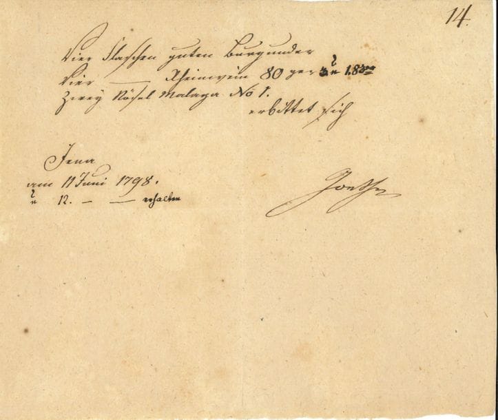 Johann Wolfgang von Goethe (1749-1832). P.S. « ich Goethe », Iena 11 juin 1798 ; demi-page oblong in-4 ; en allemand.

   Commande de vins : 4 bouteilles de bon Bourgogne, 4 bouteilles de vin du Rhin, 2 nösel de Malaga.