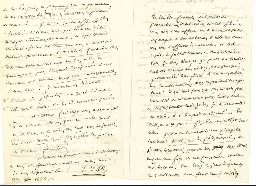 Jules JANIN (1804-1874). 4 L.A.S. et 2 P.A.S. ; 7 pages in-8 et une enveloppe, et 2 pages oblong in-4.

   8 avril 1850 : « Une malheureuse compagnie d’Arcachon me réclame, après six ans de silence, une somme d’argent que j’aurai grand-peine à payer, si je suis condamné. Cette réclamation intempestive, cruelle […] est pour moi une menace de tous les jours »… 27 octobre 1853, « au bon comédien Tisserant », au sujet d’un engagement à l’Odéon : « Ces gens-là sont des gens de peu de foi ! Ils vous proposent aujourd’hui beaucoup moins qu’ils ne m’ont proposé à moi-même, […] ces gens-là ont besoin de vous, ils ont besoin de la pièce […], une pareille proposition est inconvenable absolument ! Non, vous n’irez pas en ces conditions »… 29 octobre 1857, à un écrivain dont il réclame le livre en vain, à « ce brigand de Michel [Lévy] !... Et voilà, ce n’est pas…plus Bonapartiste que cela. J’écris en ce moment un chapitre intitulé Ovide ou les poètes en exil, et je vous l’enverrai pour que vous soyez assuré, encore une fois de ma constance et de ma loyauté »… 6 juin 1858, demande de places de théâtre. – Plus une lettre écrite en son nom par sa femme (et une lettre non identifiée adr. à Léon Vanier, 1887). 
 2 amusantes pages d’album (une déchirée et réparée).