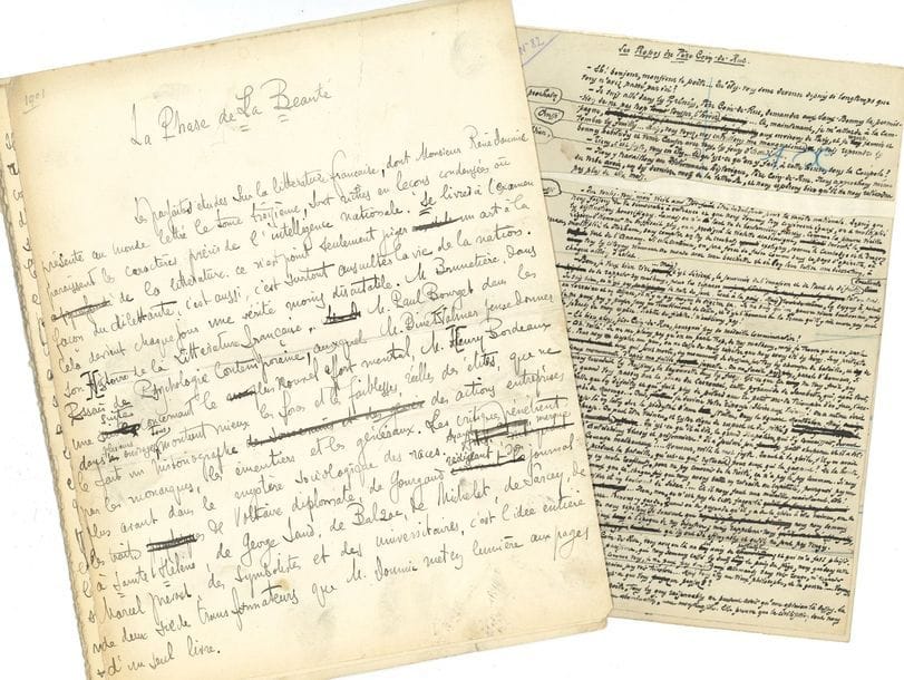 MANUSCRITS. 16 manuscrits autographes signés, la plupart in-4.

   Paul Adam (La Phase de la Beauté, 11 p.). Henri de Bornier (La dernière tragédie, 45 p, relié). François Coppée (Les Propos du Père Coin-de-Rue, 2 p.). Michel Corday (Pudeur, 7 p.). Édouard Deverin (Flânes suivi de Jouets à Treize, avec 9 dessins originaux de l’auteur, 49 p. ; plus Notes de Caserne, 8 p ; et une autobiographie, 3 p.). Louis Dubreuilh (Le Frein, 3 p.). Louis Fuzelier (Inscriptions diverses pour le portrait d’une princesse très aimable peinte en Cordelier, 6 p. in-fol.). Jean Grave (article sur le coopératisme, 2 pages ¼ in-8). Georges de La Fouchardière (5 articles, 8 p.). Jules Moinaux (Le Rossignol et le Moineau, fable, 2 p. in-8). Lucien Muhlfeld (compte rendu des Noces Corinthiennes d’Anatole France, 5 p.).