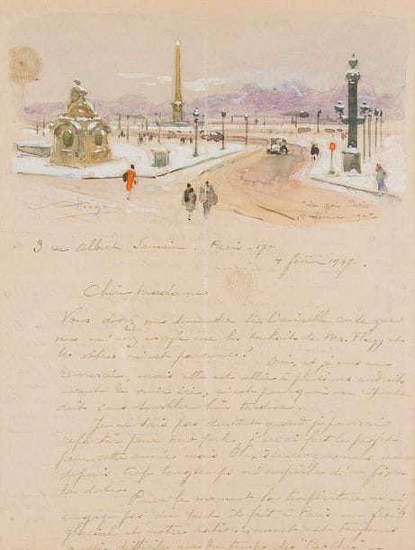 Alfred-Georges Hoën (1869-1954) peintre. L.A.S. avec aquarelle originale signée, Paris 4 février 1947, à Mme Flagg ; 2 pages in-4 (encadrée).

   Jolie lettre illustrée en tête d’une aquarelle gouachée, vue de la place de la Concorde sous la neige, légendée « Le gai Paris » et datée 1er février 1947, qualifiée de « belle malgré sa tristesse » dans le post-scriptum. 
    Il ne sait quand il pourra repartir pour New-York : « Pour le moment la température ne m’y engage pas du tout – il fait à Paris un froid glacial et notre rationnement est toujours aussi difficile que du temps des Boches. À aucun prix je ne voudrais laisser seules Mme Hoën et ma fille ; elles ont déjà trop souffert depuis des années pour que j’ajoute mon absence à tous leurs ennuis ». Il prendra sa décision au printemps. « Que nous sommes loin de 1920 !... Que de chemin parcouru depuis cette époque ! »… L’idée de ne pas retrouver là-bas de fidèles amis disparus depuis 1939 enlève beaucoup à son enthousiasme d’avant-guerre… Il évoque le succès de la fille de son amie, la peintre portraitiste Betsy Flagg Melcher : « J’ose espérer qu’elle ne se laisse pas entraîner par le courant moderniste des Picasso et autres bluffeurs incapables de dessiner un doigt convenablement »…
